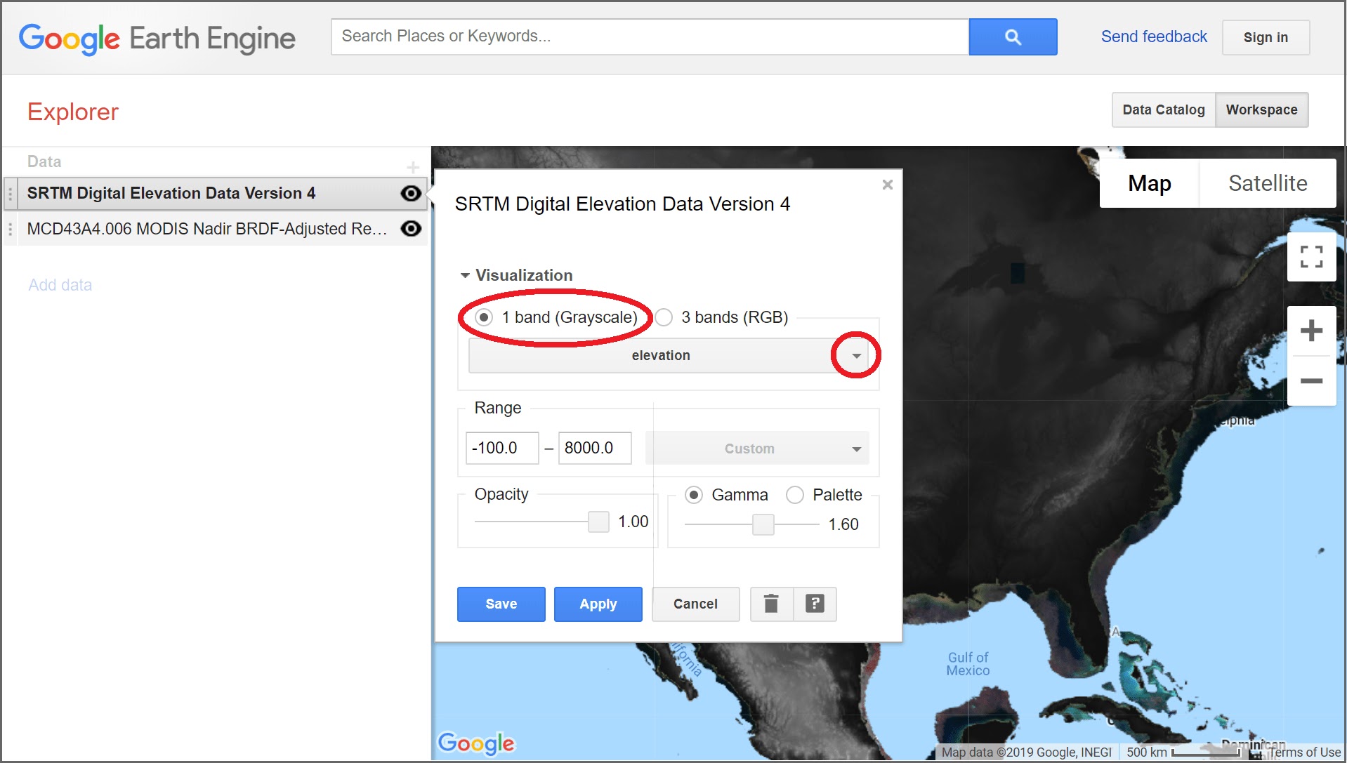 google earth engine explorer data band display